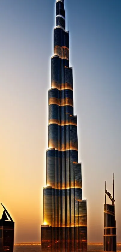 Majestic skyscraper at dusk under a dark blue sky, city skyline wallpaper.