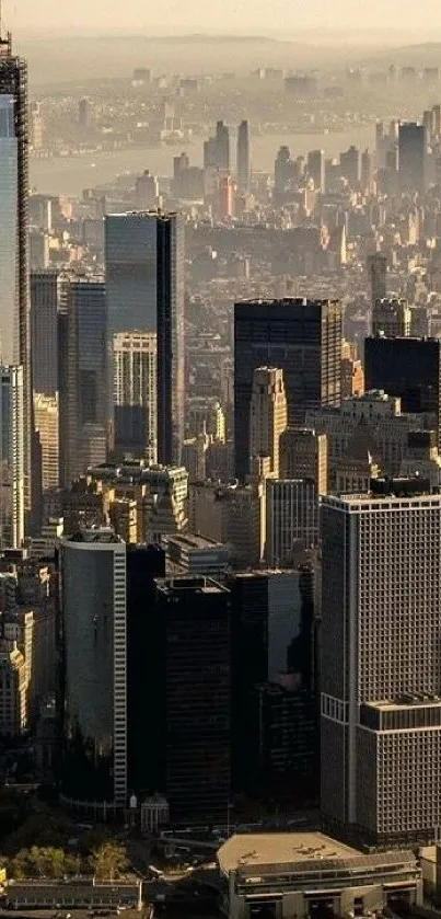 City skyline with skyscrapers at sunset.