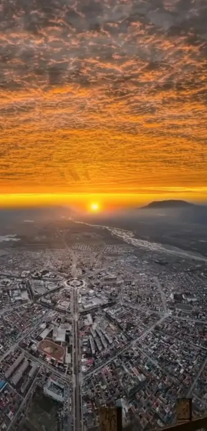 A stunning sunset over a sprawling cityscape, with vibrant orange sky.