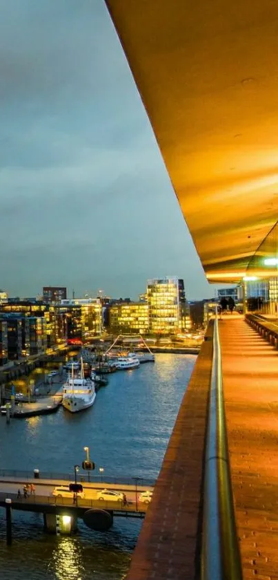 City waterfront view with lights and reflection at dusk.