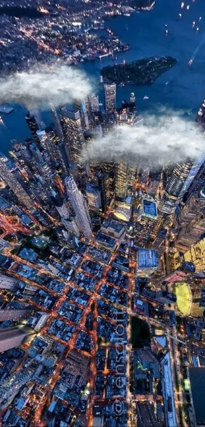 Aerial view of a bustling cityscape at night with glowing skyscrapers and blue sky.