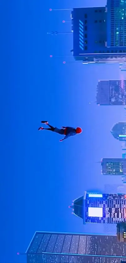 Superhero flying through futuristic cityscape wallpaper.