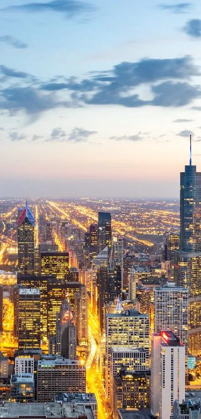 Majestic cityscape at dusk with glowing urban skyline and dramatic sky.