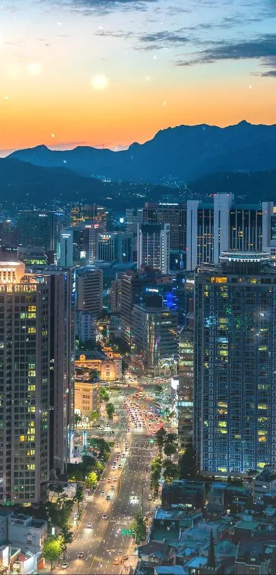 Vibrant city skyline with sunset sky and glowing lights.