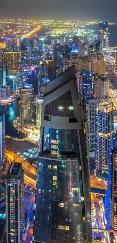 A breathtaking nighttime cityscape with illuminated skyscrapers and vibrant lights.