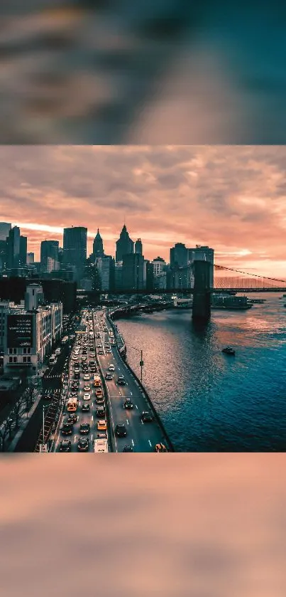 Mobile wallpaper of a city skyline at sunset with vibrant warm orange hues.