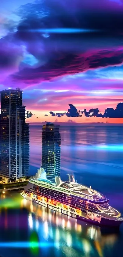 Vibrant cityscape with colorful twilight sky and waterfront view.