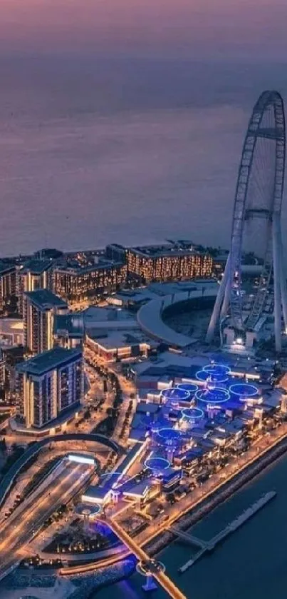 Twilight cityscape with coastal lights and modern architecture.