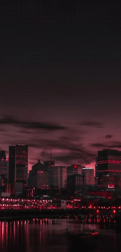 A city skyline in red and black colors, reflected on water.