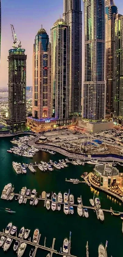 A stunning cityscape marina with towering skyscrapers.