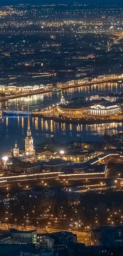 A breathtaking cityscape illuminated at night with glowing lights and serene waterways.