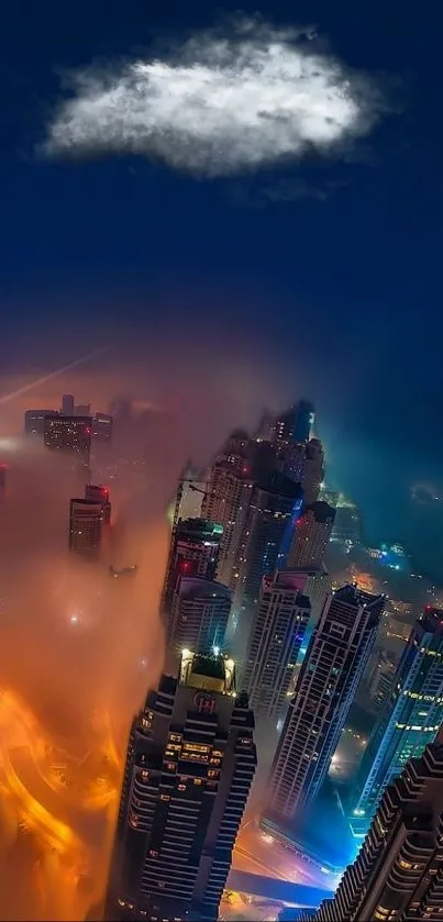 Aerial view of a luminous cityscape at night with mist and glowing skyscrapers.