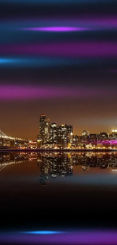 Night cityscape with bridge and skyline reflection wallpaper.