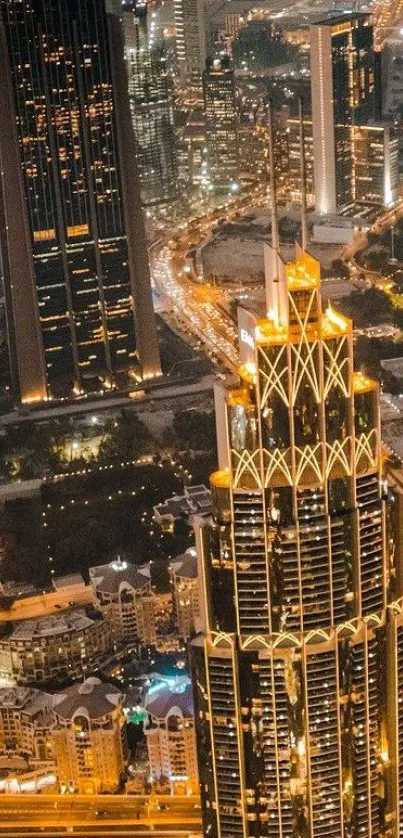 Bright city skyline with golden night lights and tall skyscrapers.