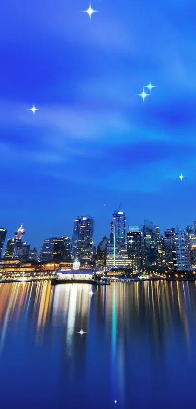 Vibrant city skyline under a starry blue sky at night reflected in water.