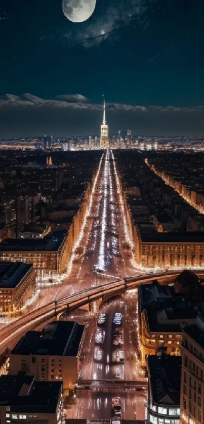 A breathtaking cityscape under a full moon at night, showcasing vibrant city lights.