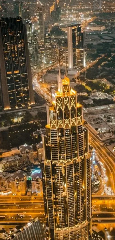 A breathtaking aerial view of a modern city skyline at night with vibrant lights.