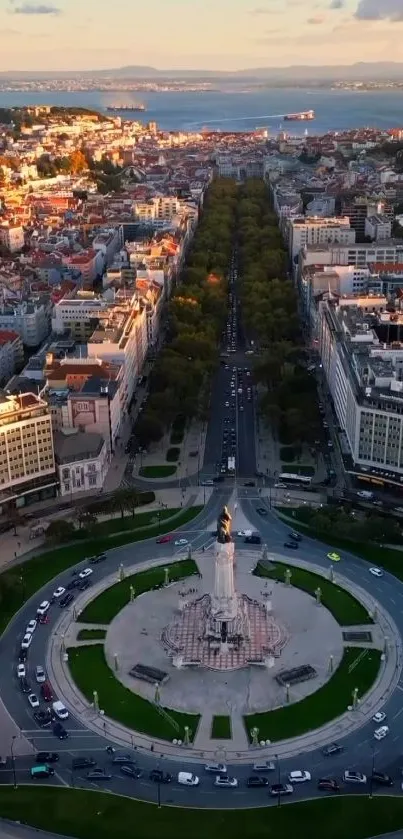 Aerial view of cityscape with sunset and skyline.