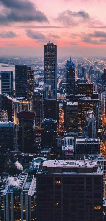 A radiant cityscape with glowing lights under a pink and orange sunset sky.