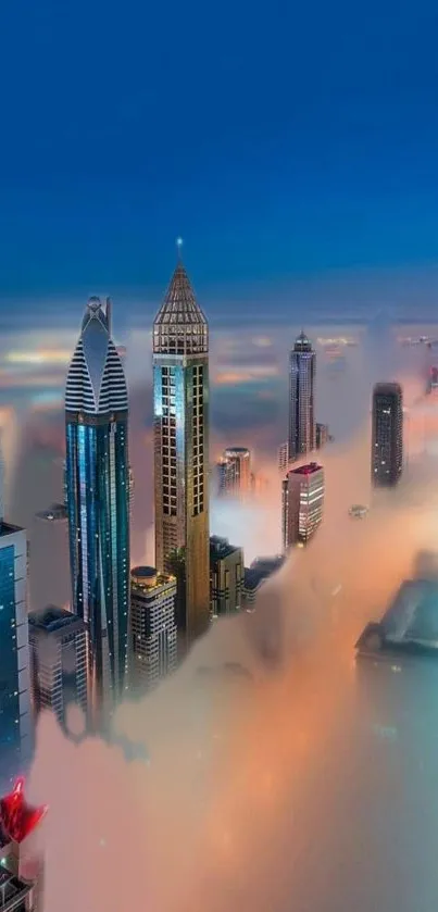 Skyscrapers rising through misty clouds at sunrise in a vibrant city skyline.