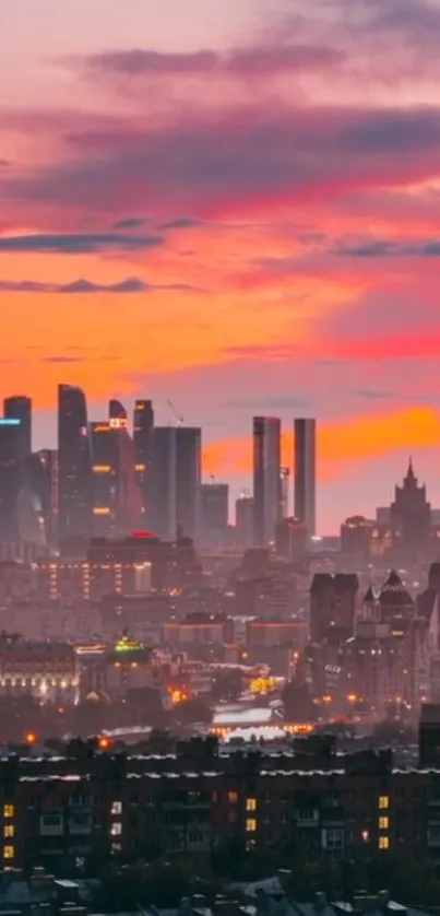 A stunning cityscape at sunset with a vibrant orange sky.