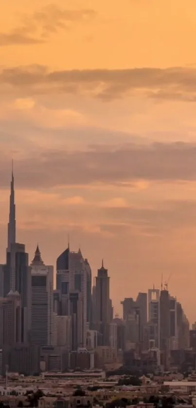 Beautiful sunset over city skyline with warm orange hues.