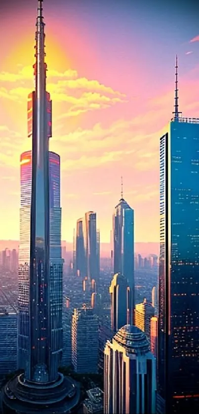 Vibrant city skyline at sunset with skyscrapers under a dramatic sky.