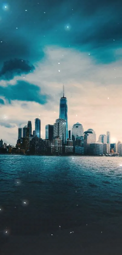 Stunning cityscape at sunset with blue sky and skyline reflection.