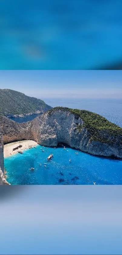 Cliffside beach with clear blue waters and scenic coastline.