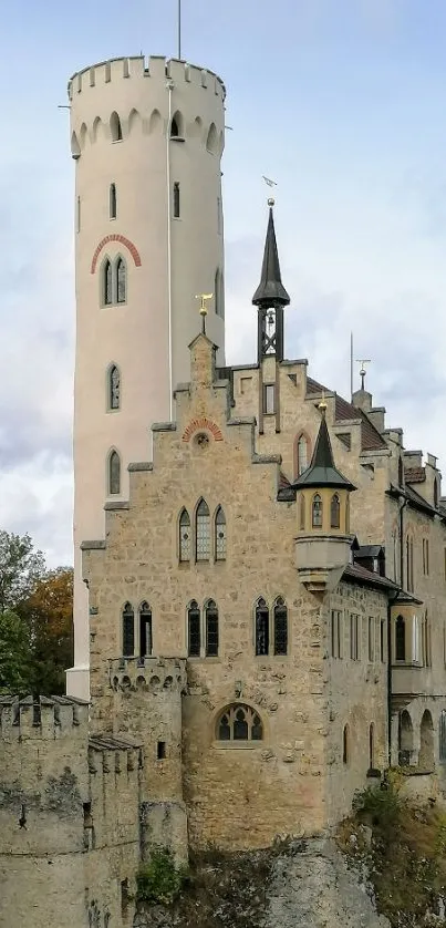 Majestic castle on a cliff under cloudy sky.