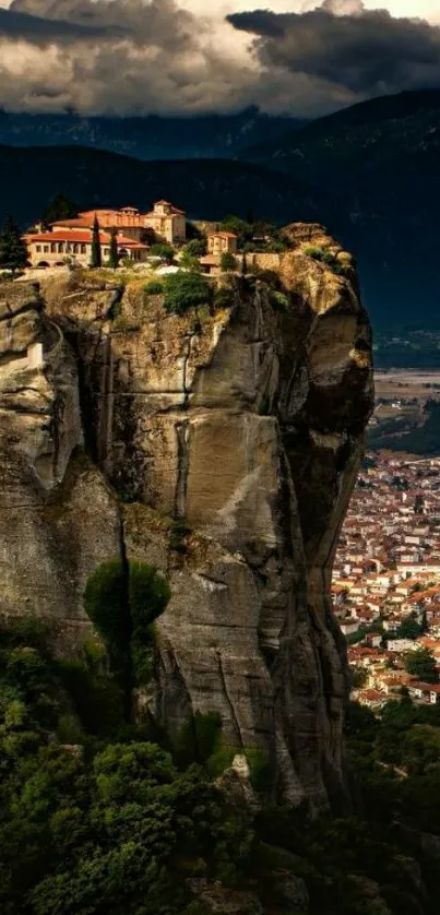 Monastery on a cliff with dramatic sky backdrop.