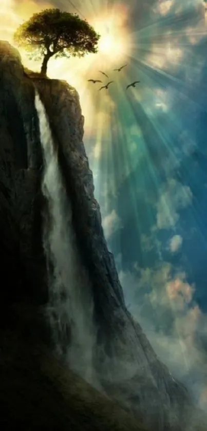 Dramatic cliff with tree and cascading waterfall under a vivid sunlight sky.