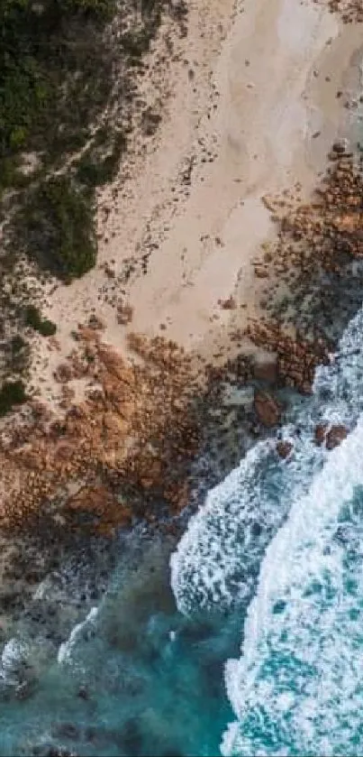 Aerial view of a pristine coastline with turquoise waters and lush green forests.