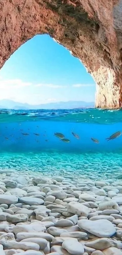 Breathtaking coastal arch with turquoise sea and rocky shoreline.