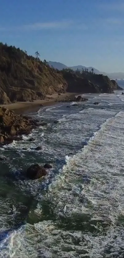 A mesmerizing coastal landscape with blue ocean waves and a rocky shoreline.