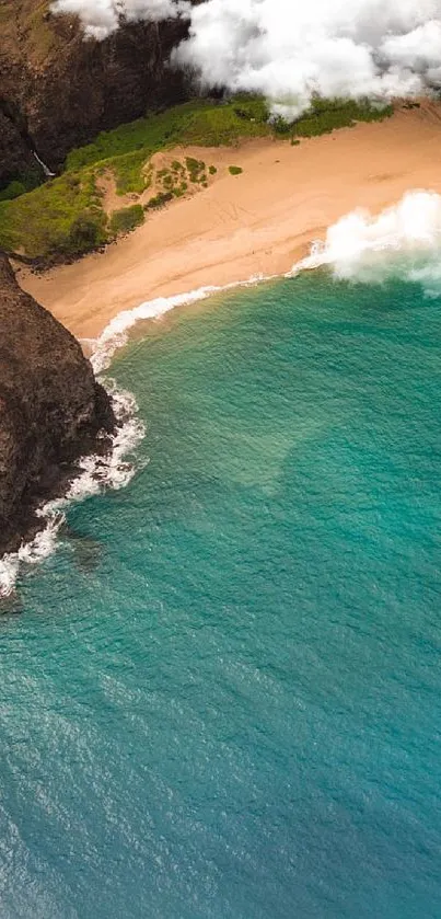 A stunning aerial view of a tranquil beach and turquoise sea.