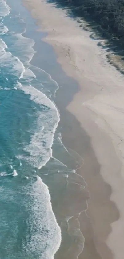 Aerial view of a pristine beach with turquoise waves and sandy shoreline.