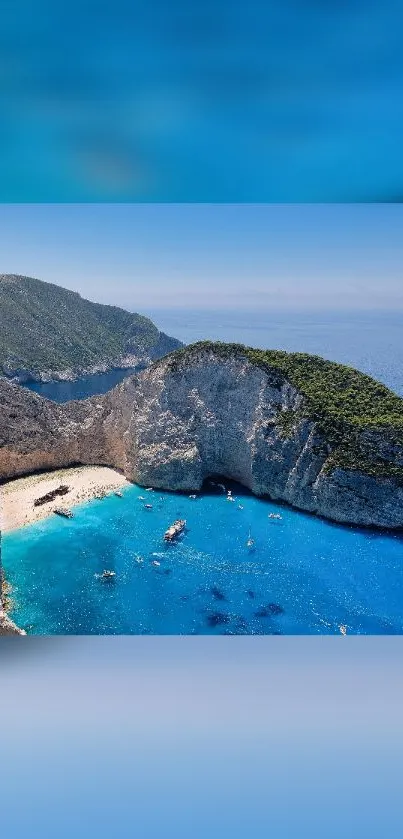 Coastal beach with blue ocean and green cliffs mobile wallpaper.