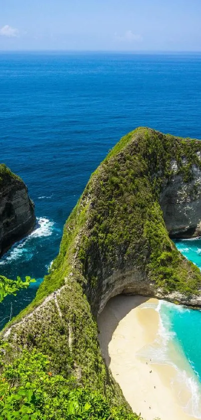 A vibrant coastal scene with blue ocean and sandy beach.