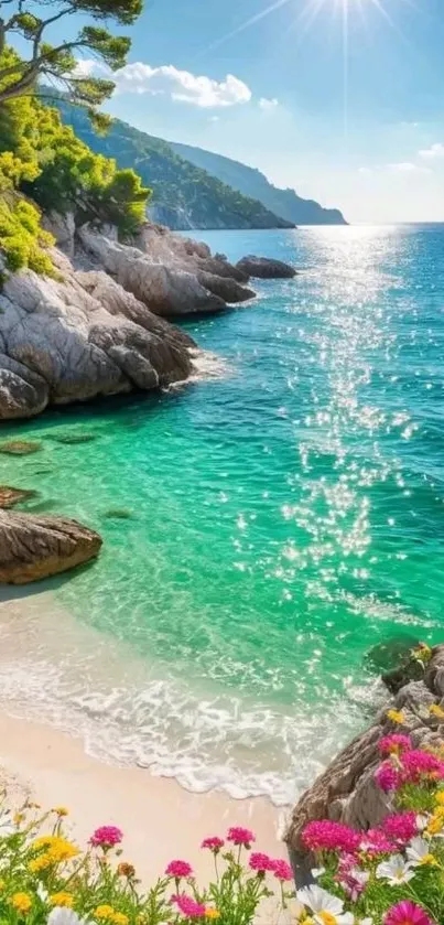 Vibrant coastal beach with turquoise water and colorful flowers under a sunny sky.