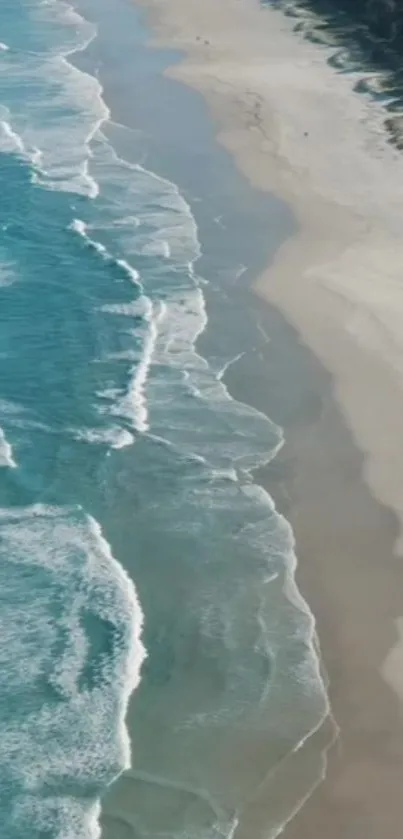 Aerial view of tranquil beach with turquoise waves and sandy shore.