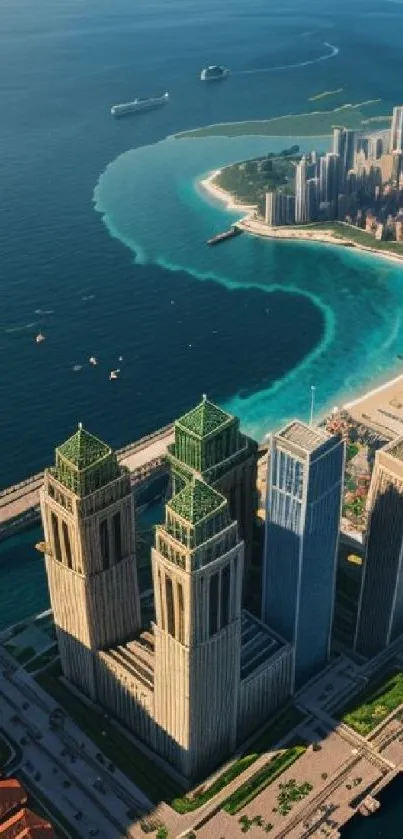 Aerial view of a coastal city with skyscrapers and ocean.