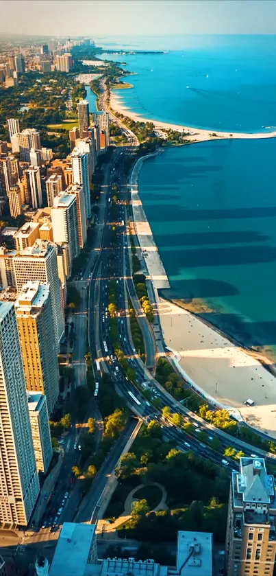 Aerial view of coastal cityscape with blue sea and urban skyline.