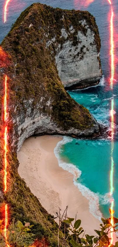 Aerial view of majestic coastal cliff and a pristine turquoise ocean.