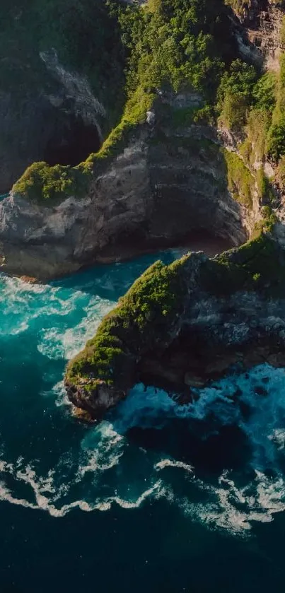 Aerial view of coastal cliff with turquoise ocean waves.