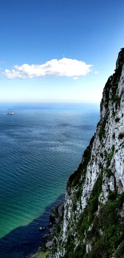 Breathtaking view of ocean and towering cliff under clear blue sky.