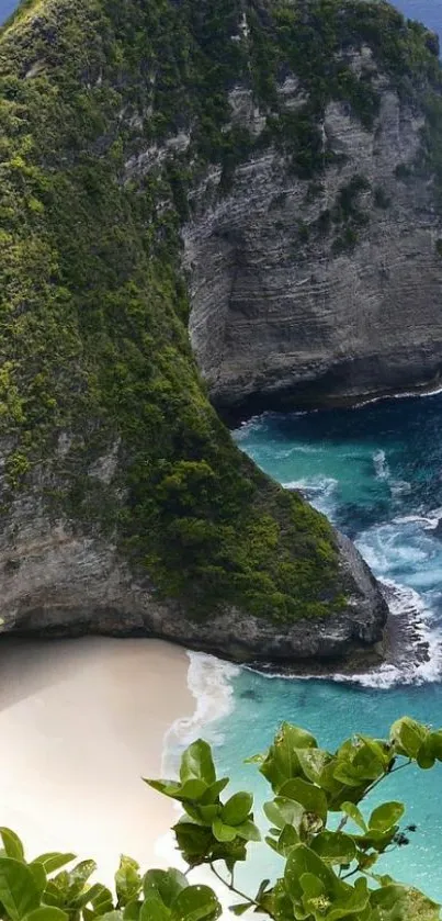 Tropical cliff and beach with turquoise waters and greenery.