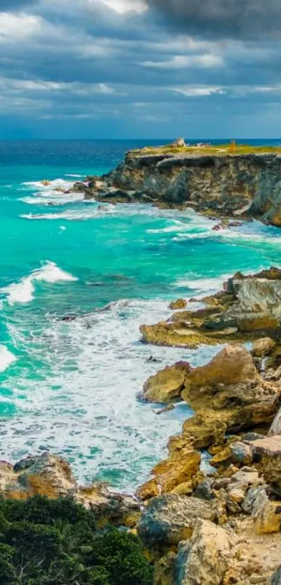 Turquoise ocean waves crashing against rocky cliffs.