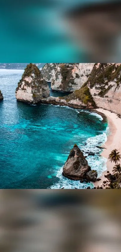 Stunning coastal cliff wallpaper with turquoise waters and rocky shoreline.