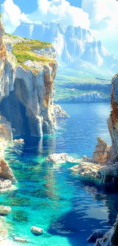 Coastal cliffs with vibrant waters.
